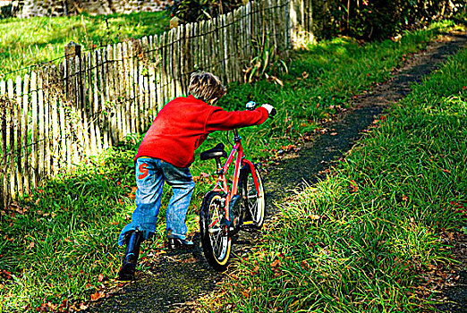 小男孩,推,自行车,小路