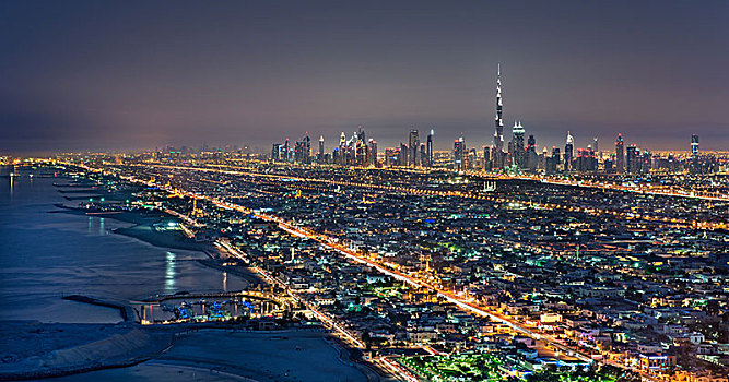 城市,迪拜,阿联酋,黄昏,摩天大楼,排列,海岸线,波斯湾
