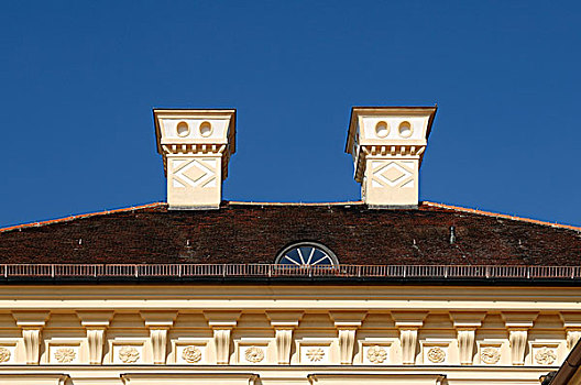 华丽,建筑,两个,烟囱,蓝色,天空,新,施莱斯海姆宫,宫殿,乌伯施莱斯海姆,巴伐利亚,德国,欧洲