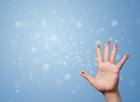 高兴,手指,笑脸,空,蓝色,背景,脸,手