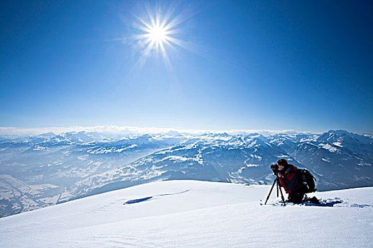 摄影师,雪,阿尔卑斯山,吐根堡,瑞士,欧洲