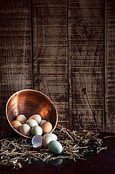 柴鸡蛋,铜,碗,稻草