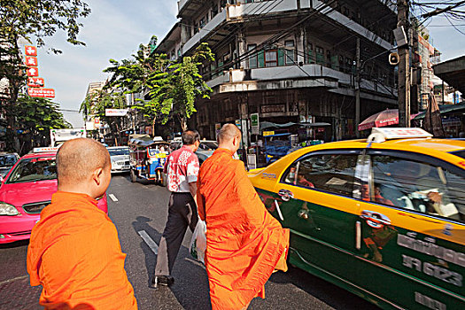 泰国,曼谷,唐人街,僧侣,走,街上