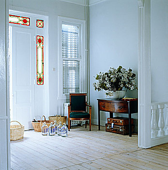 白色,墙壁,地板,门廊,完美,箔,老式,桌子,巨大,碗,放置,花