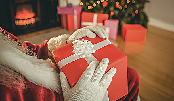 圣诞老人,拿着,红色,礼物,在家,客厅
