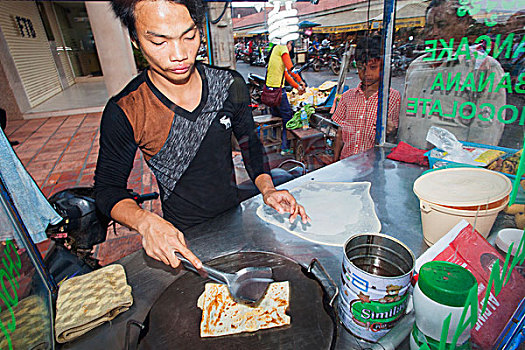 柬埔寨,收获,酒吧,街道,男人,制作,薄煎饼