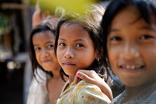 三个女孩,头像,乡村,地区,省,柬埔寨,亚洲