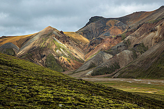 冰岛,兰德玛纳,流纹岩,山,绿色,苔藓,正面,彩色,亮光