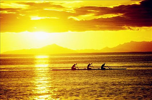 法属玻利尼西亚,塔希提岛,独木舟,比赛,背景,日落