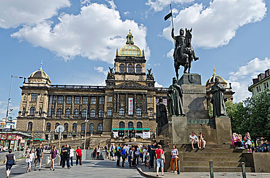 瓦兹拉夫,纪念建筑,广场,正面,国家博物馆,布拉格,捷克共和国,欧洲