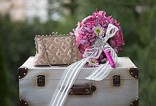 浪漫,粉色,新娘手花,白色,带,胸针,靠近,优雅,手包,旧式,手提箱
