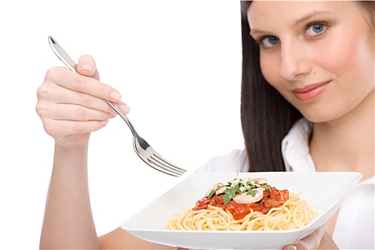 意大利食物,健康,女人,吃饭,意大利面条沙司