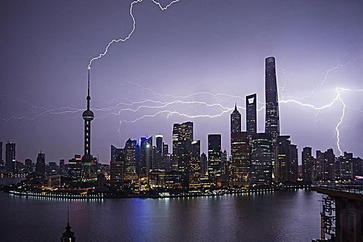 城市,闪电,惊人,东方明珠塔,夜晚,上海,中国