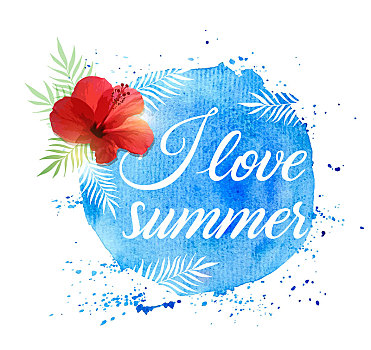夏天,热带,背景,棕榈叶,红色,木槿,花,蓝色,水彩,纹理,矢量,插画