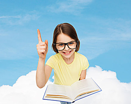 教育,学校,概念,微笑,小,学生,女孩,眼镜,书本,手指,向上