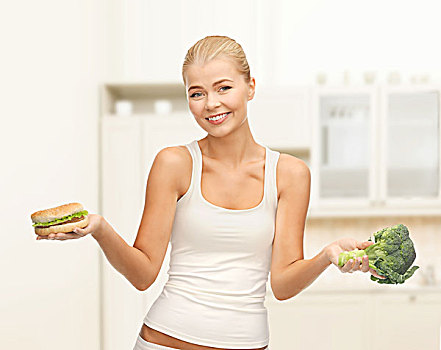 节食,健身,概念,运动,女人,花椰菜,汉堡包