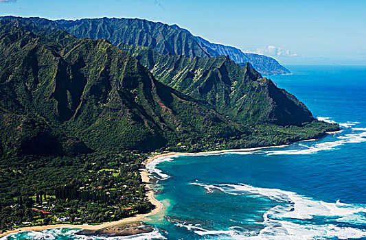 崎岖,山,海岸线,海浪,海滩,海耶纳,夏威夷,美国