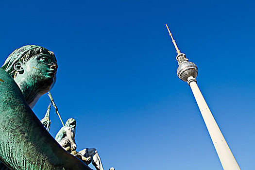 雕塑,海王星喷泉,电视塔,德国,欧洲