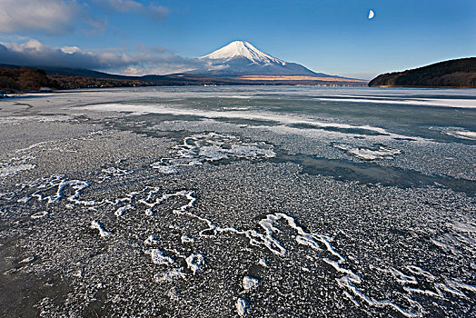 冰,湖,积雪,富士山,背景,日本