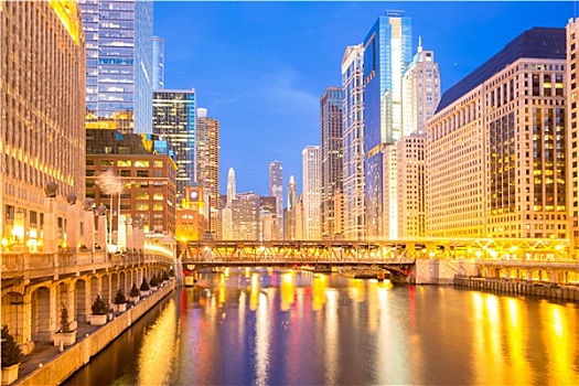 芝加哥,市区,河,黃昏