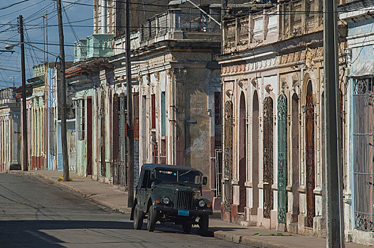 街景,殖民地,建筑,苏联,交通工具,西恩富戈斯,省,古巴,中美洲