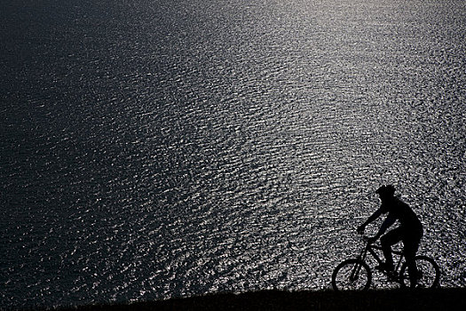 男人,骑自行车,海洋