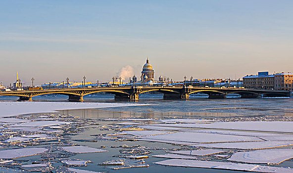 圣徒,大教堂,宫殿,桥,冰,河,冬天,圣彼得堡,俄罗斯,欧洲