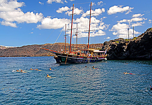 游船,洗澡,温泉,岛屿,锡拉岛,基克拉迪群岛,爱琴海岛屿,爱琴海,希腊