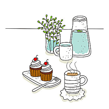 插画,杯形蛋糕,早晨,早餐