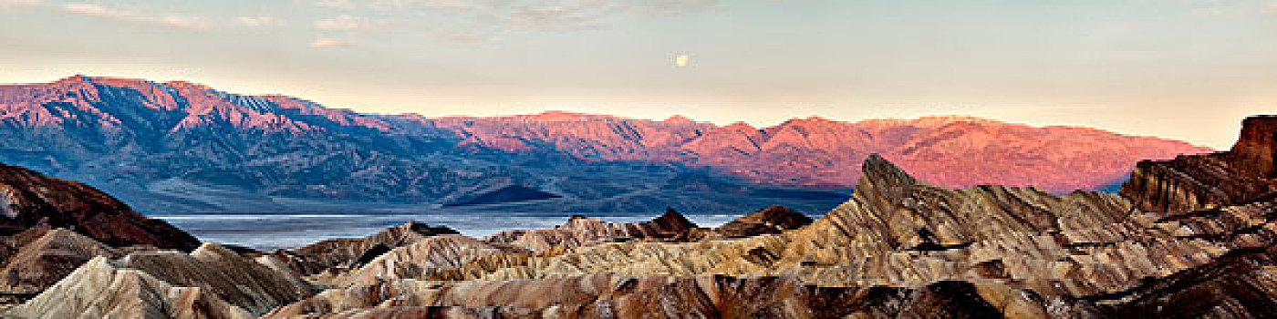 美国,加利福尼亚,死亡谷国家公园,全景,月亮,日出,上方,山脉,大幅,尺寸