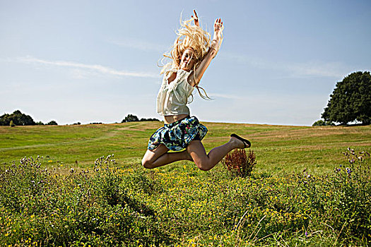 女青年,土地,跳跃,空中