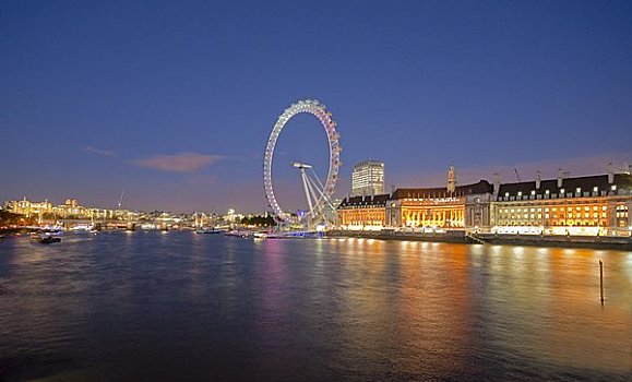 英格兰,伦敦,伦敦南岸,伦敦眼,老,建筑,南方,堤岸,泰晤士河,夜晚