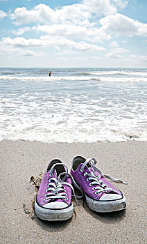 特写,运动鞋,沙滩,大西洋