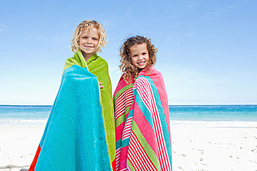 微笑,孩子,海滩,毛巾