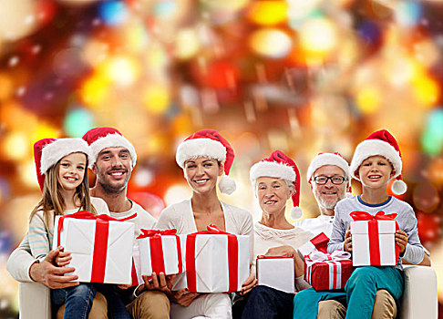 家庭,高兴,休假,人,概念,幸福之家,圣诞老人,帽子,礼盒,坐,沙发,上方,红灯,背景