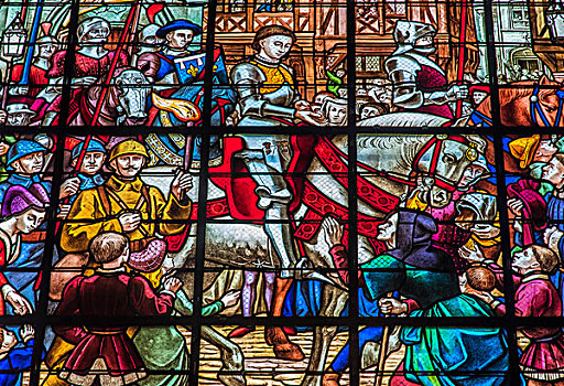 布列塔尼半岛,彩色玻璃窗,教堂,圣女贞德,马,途中,圣地亚哥
