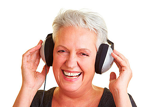 高兴,老年,女人,听歌,耳机
