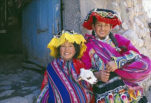 两个,秘鲁人,女孩,传统服饰