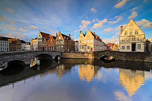 第一,日出,古建筑,桥,反射,特色,运河,布鲁日,西佛兰德省,比利时,欧洲