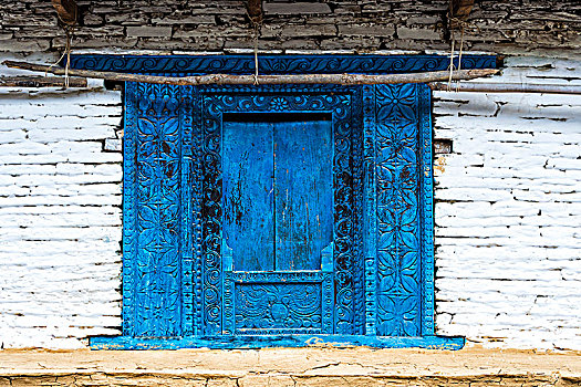 蓝色,老,木质,雕刻,门,山村,尼泊尔,亚洲
