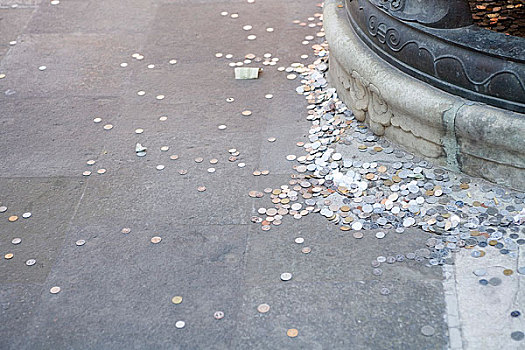 北京雍和宫内扔在地上的硬币