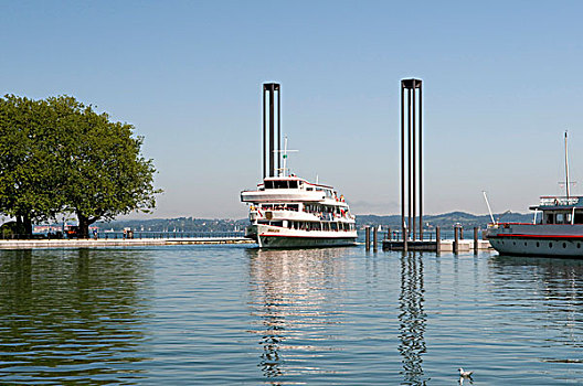 灯塔,乘客,船,港口,入口,布雷根茨,康士坦茨湖,奥地利,欧洲