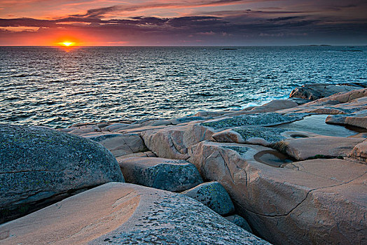 日落,傍晚,岩石海岸,靠近,省,布胡斯,斯堪的纳维亚,瑞典,欧洲