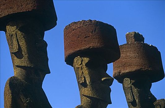 智利,复活节岛,阿纳科纳,站立,摩埃石像,红色,头饰