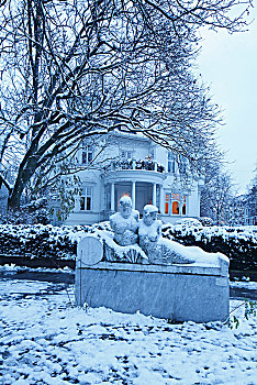 积雪,老,不莱梅,别墅,黄昏,德国,欧洲