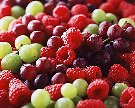 新鲜,树莓,红色,绿葡萄