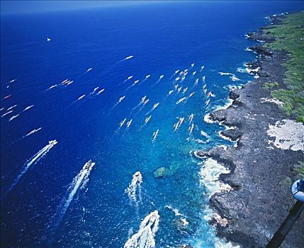 夏威夷,夏威夷大岛,航拍,皇后,独木舟,比赛,护从,船
