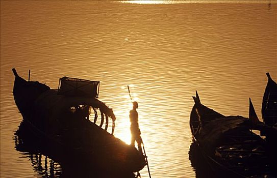 乘客,船,推,尼日尔河,日落