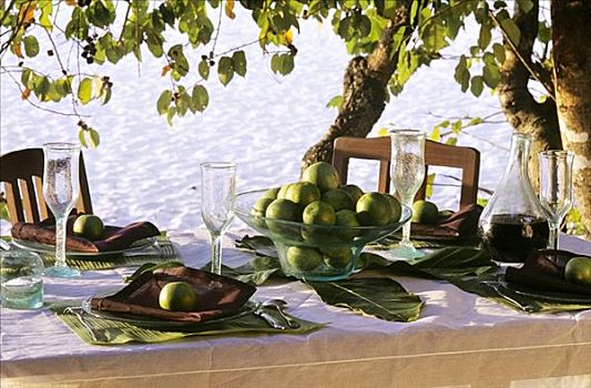 桌子,葡萄酒,柠檬,海滩