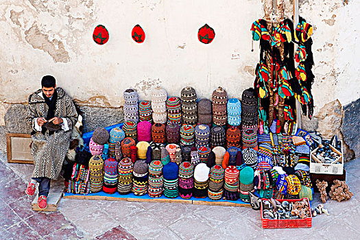 男人,编织品,销售,特色,彩色,羊毛帽,历史,城镇,麦地那,世界遗产,苏维拉,摩洛哥,非洲